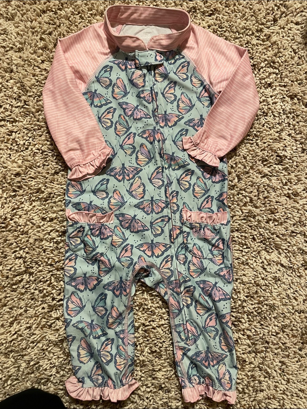 Mint and Pink Butterfly Kids Swim One-Piece